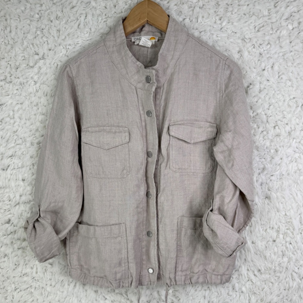 C&C California Linen Utility Jacket Light Beige Button Front Drawstring Size S